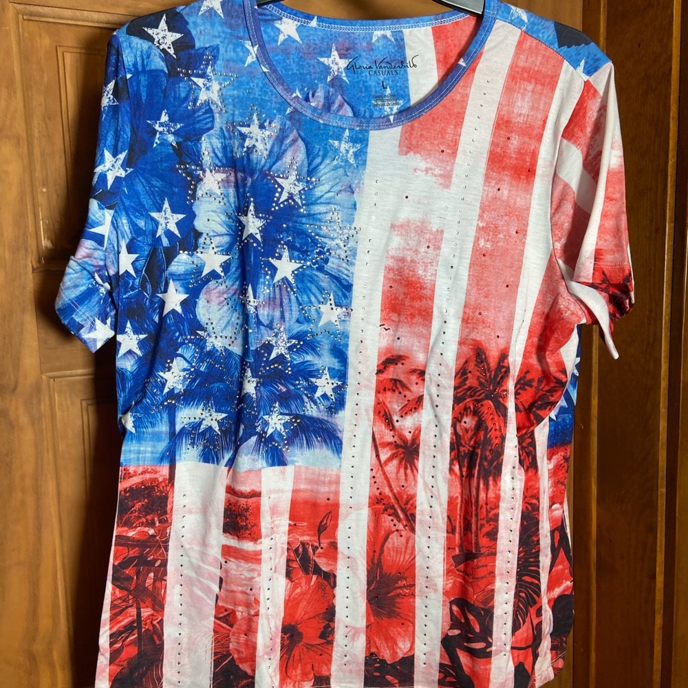 Gloria Vanderbilt Womens Casuals American Flag Rhinestone USA T Shirt, Size L